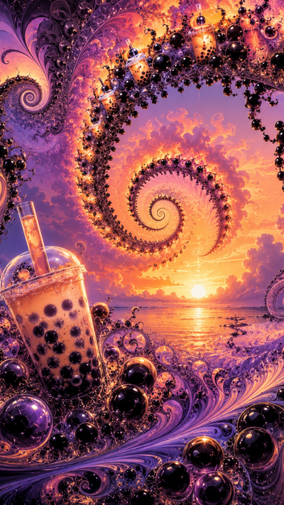 Boba tea fractal art with sunset gradient and swirling pearls collapsing and intertwining across the sky like fractalish angels