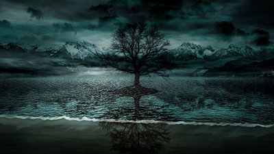 A solitary tree stands alone in a dark stormy lake, surrounded by brooding mountains under a heavy, dramatic sky