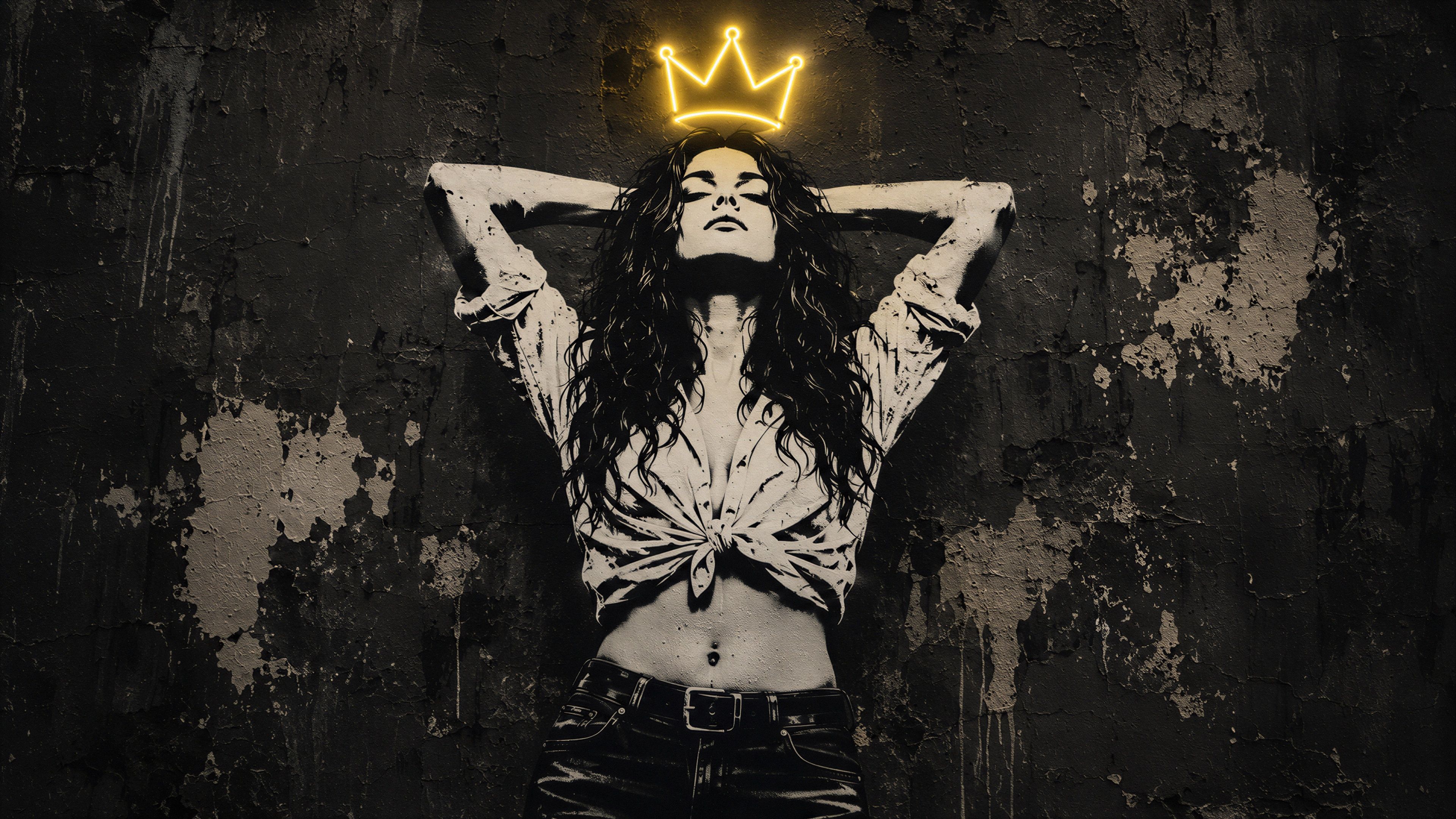 A striking portrait of a woman with a neon crown, embodying strength and defiance against a textured backdrop.