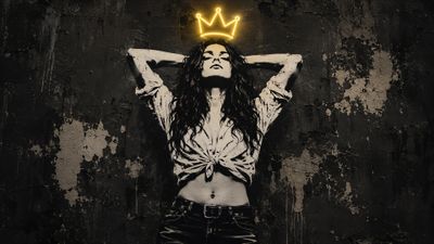 A striking portrait of a woman with a neon crown, embodying strength and defiance against a textured backdrop.