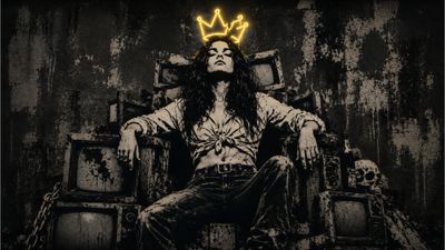 A brooding figure sits enthroned amidst a chaotic landscape of televisions, crowned with a neon halo.