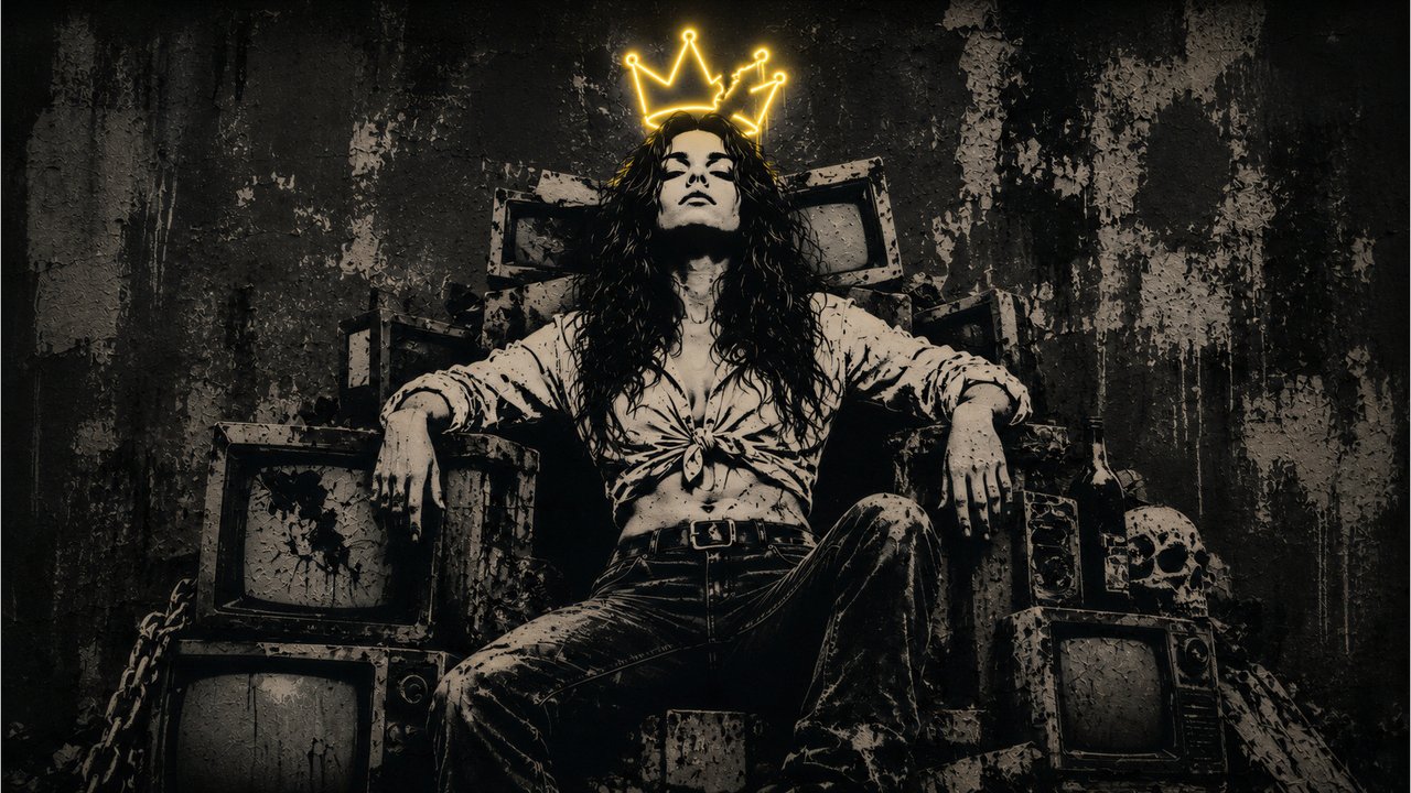 A brooding figure sits enthroned amidst a chaotic landscape of televisions, crowned with a neon halo.