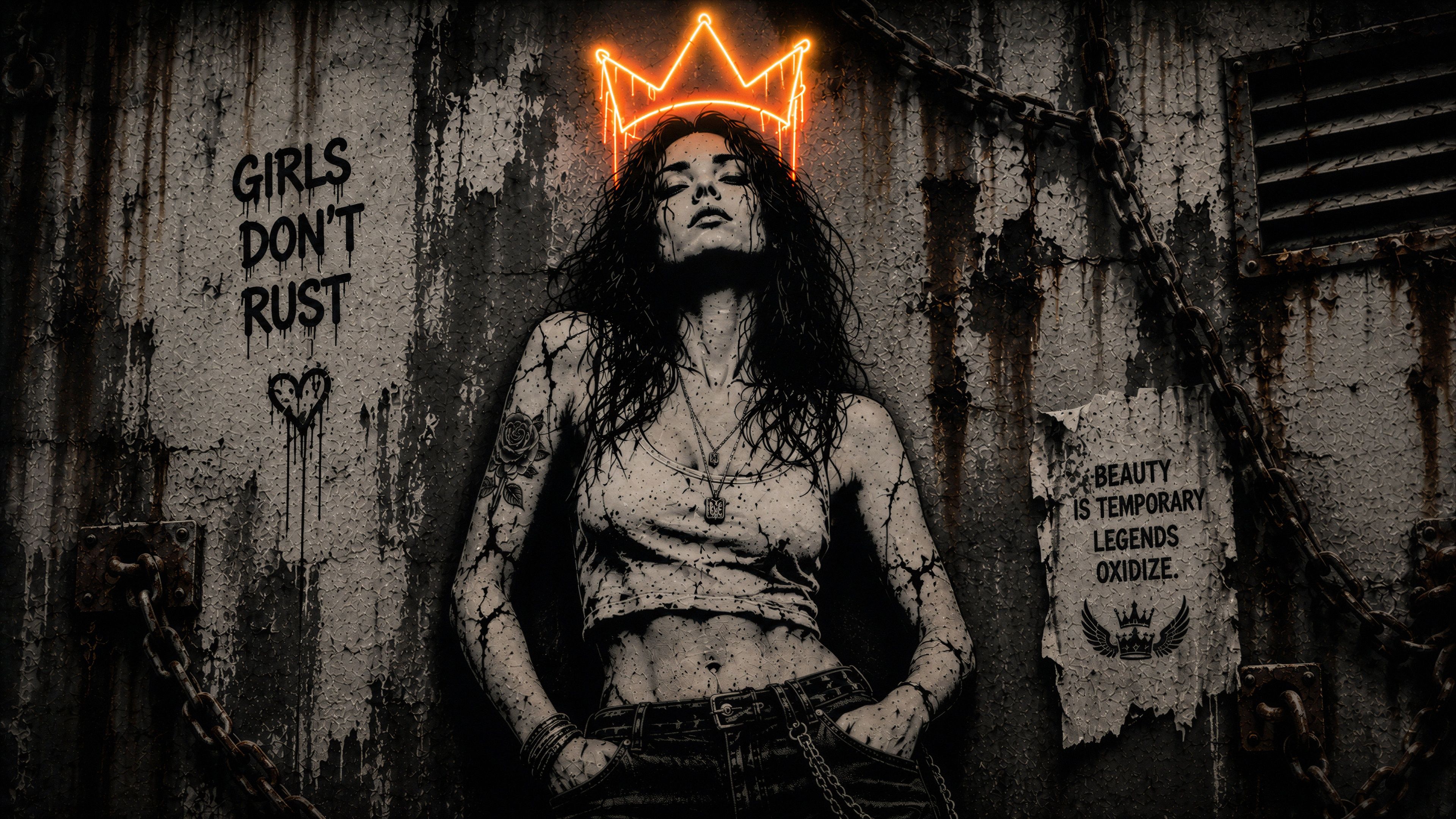 A striking portrait of a woman adorned with a neon crown, set against a backdrop of industrial decay.