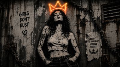 A striking portrait of a woman adorned with a neon crown, set against a backdrop of industrial decay.