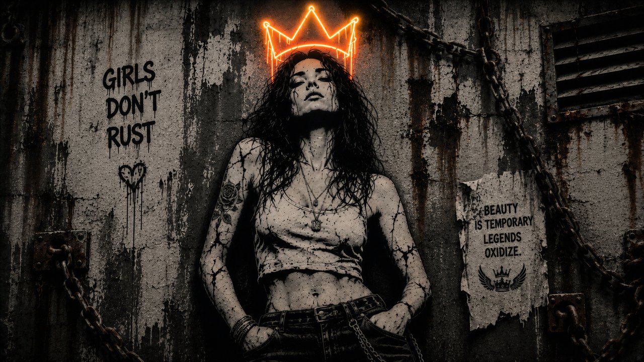 A striking portrait of a woman adorned with a neon crown, set against a backdrop of industrial decay.