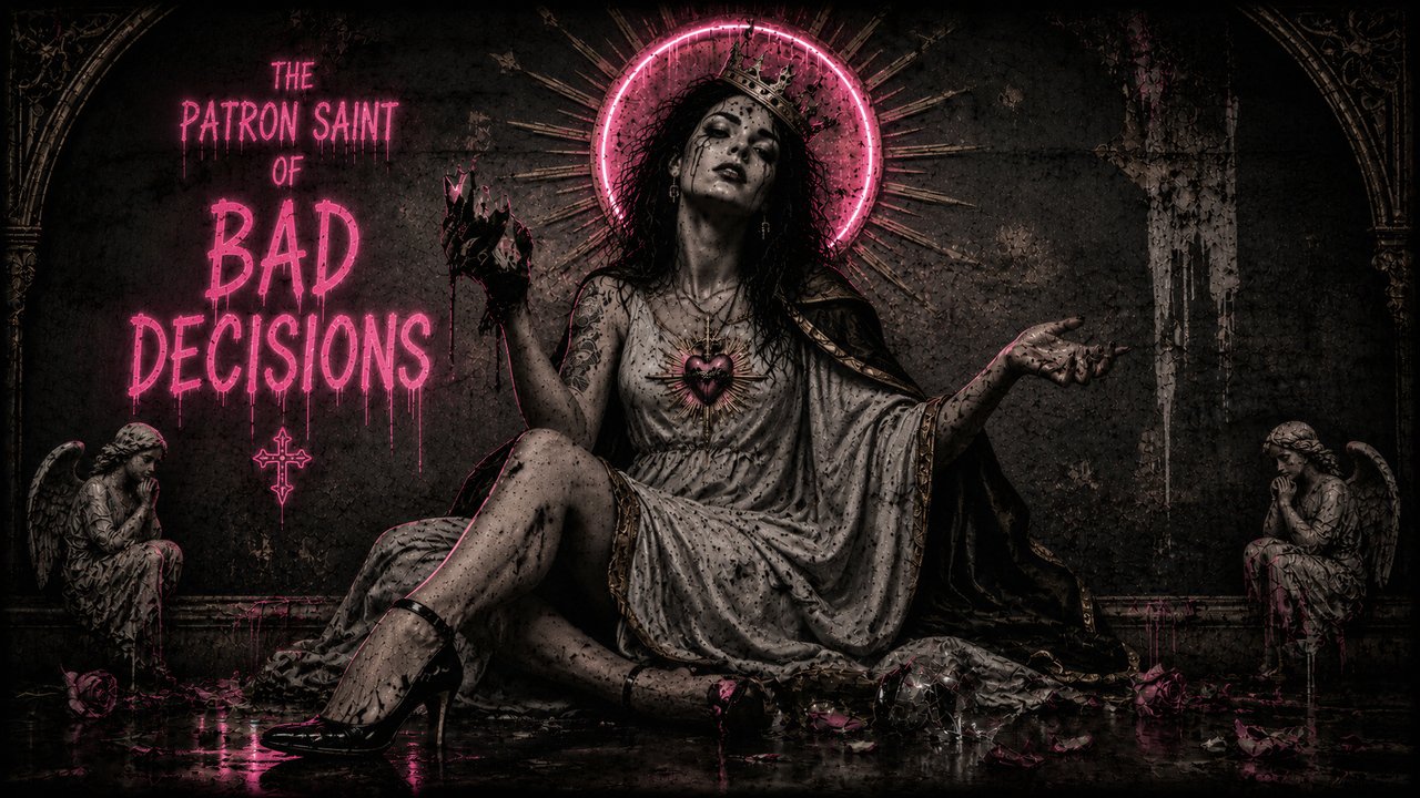 A haunting portrait of a woman embodying a tragic queen, bathed in a neon pink glow.