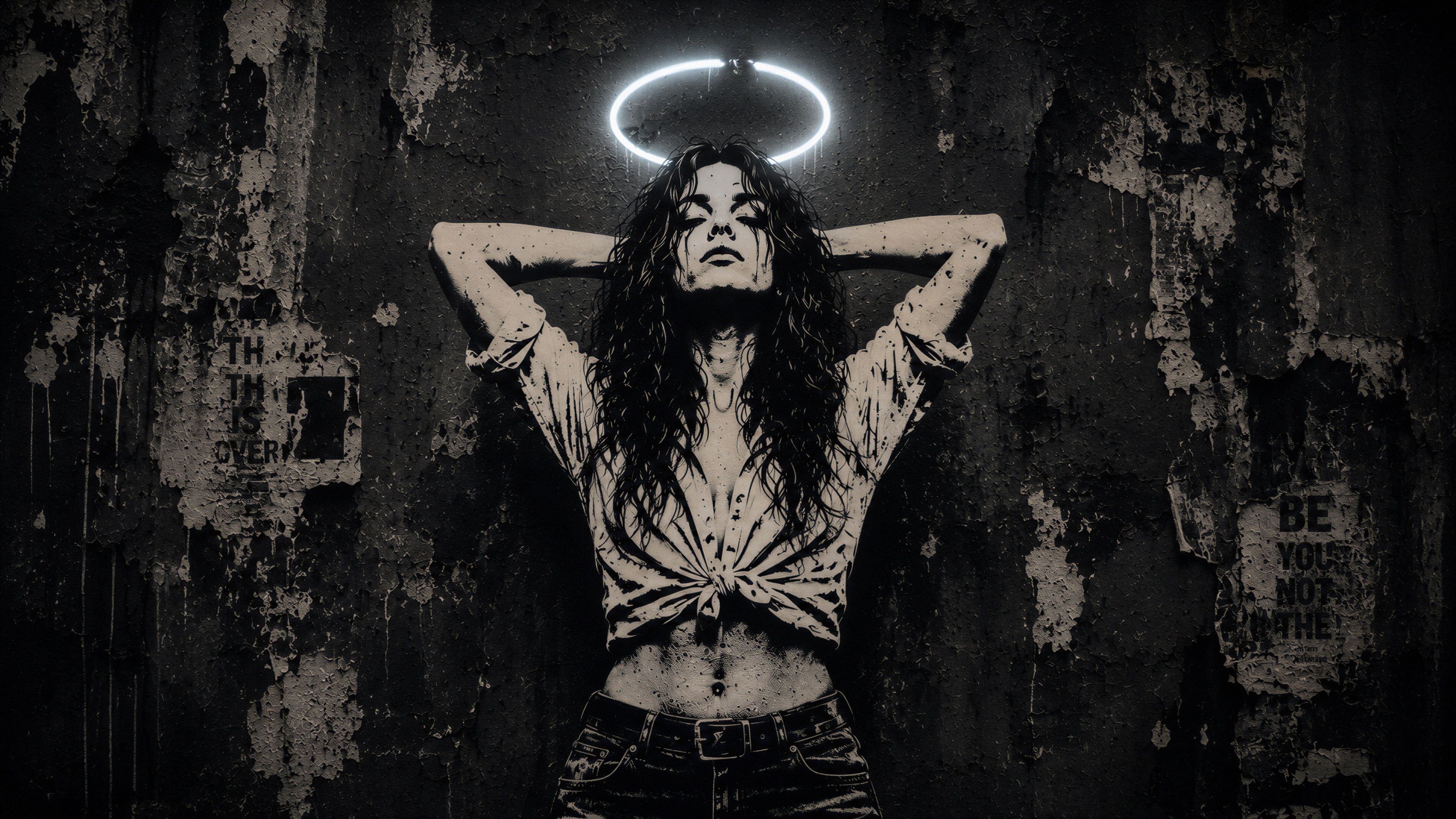 A striking portrait of a young woman with a halo, set against a distressed urban backdrop.