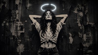 A striking portrait of a young woman with a halo, set against a distressed urban backdrop.