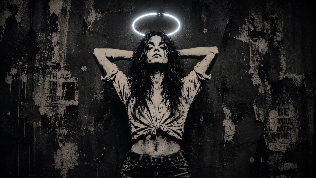 A striking portrait of a young woman with a halo, set against a distressed urban backdrop.