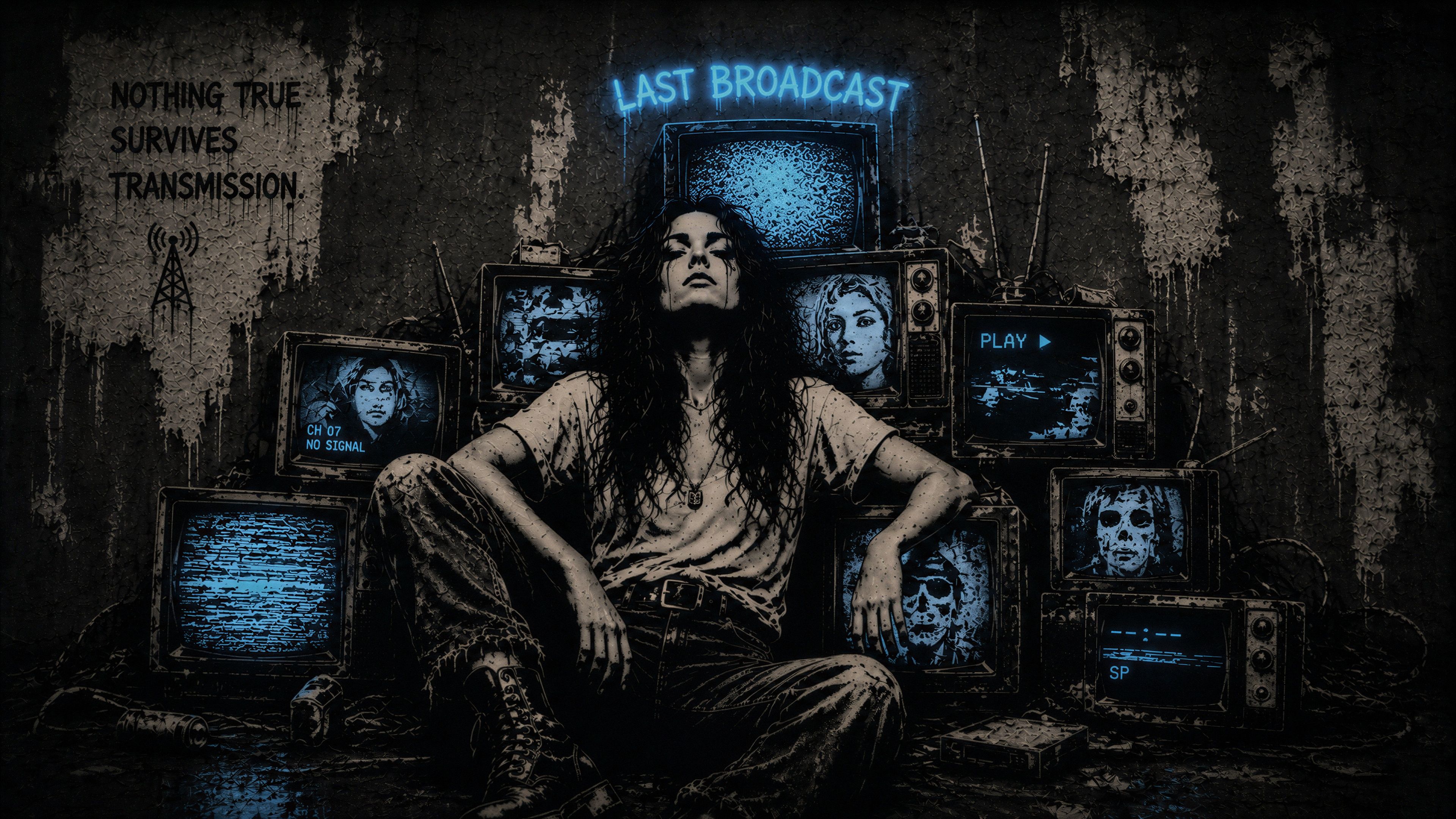 A haunting portrait of a lone figure surrounded by flickering screens, lost in a digital wasteland.