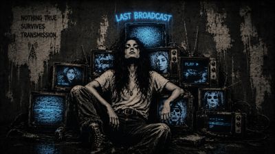 A haunting portrait of a lone figure surrounded by flickering screens, lost in a digital wasteland.
