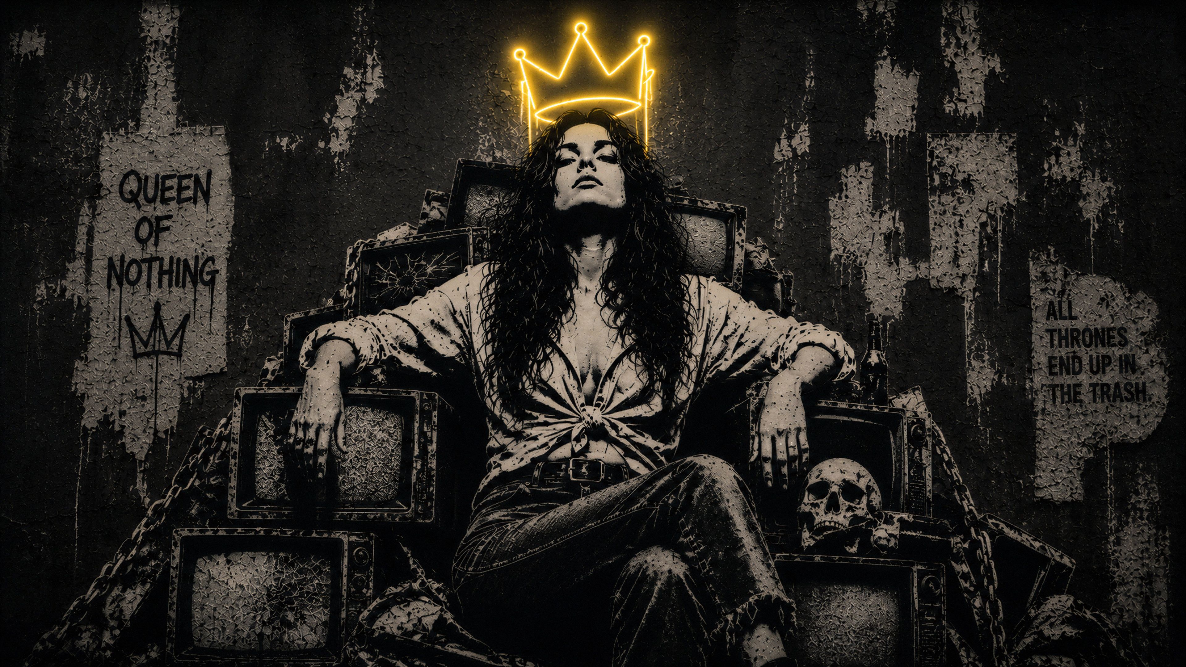 A striking portrait of a woman enthroned in a dark, gothic setting.