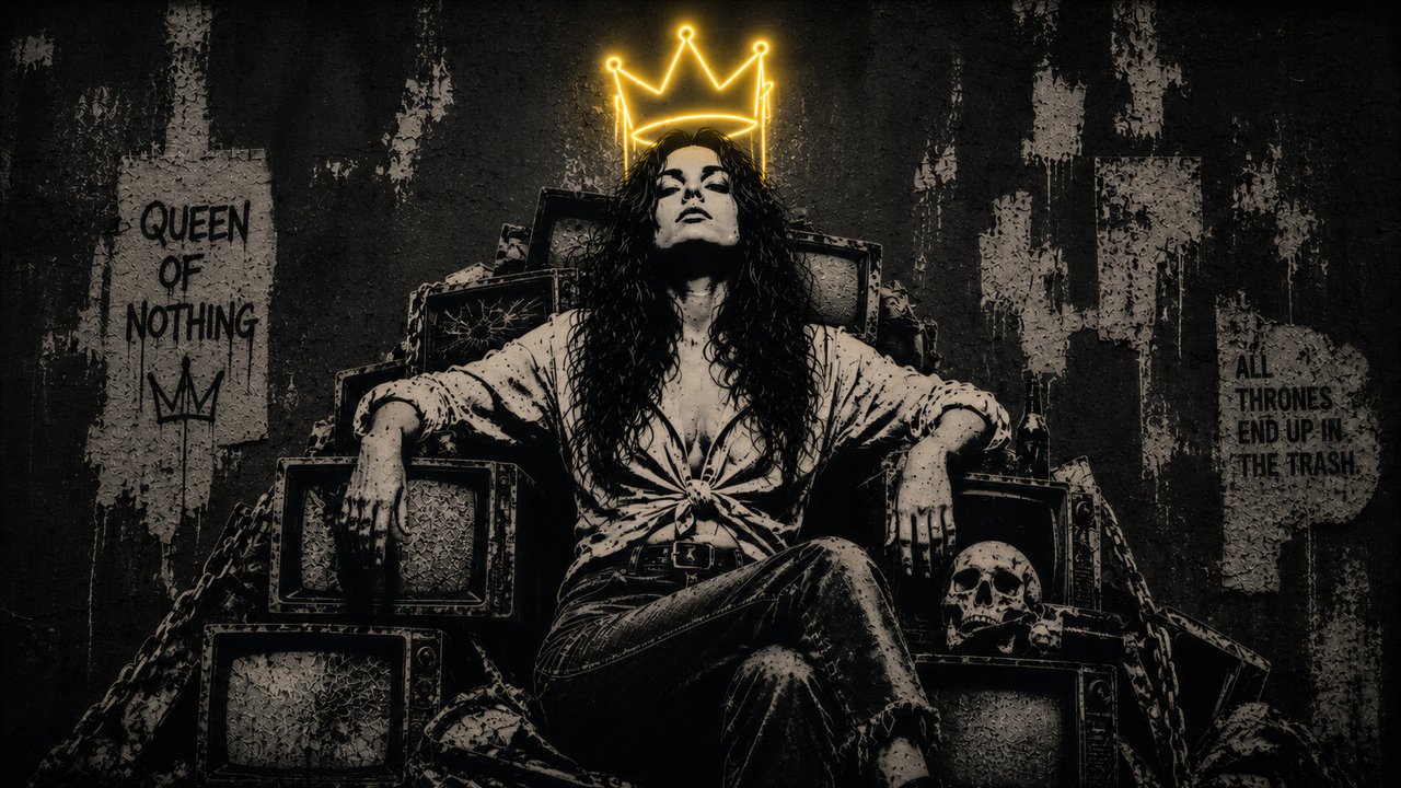 A striking portrait of a woman enthroned in a dark, gothic setting.