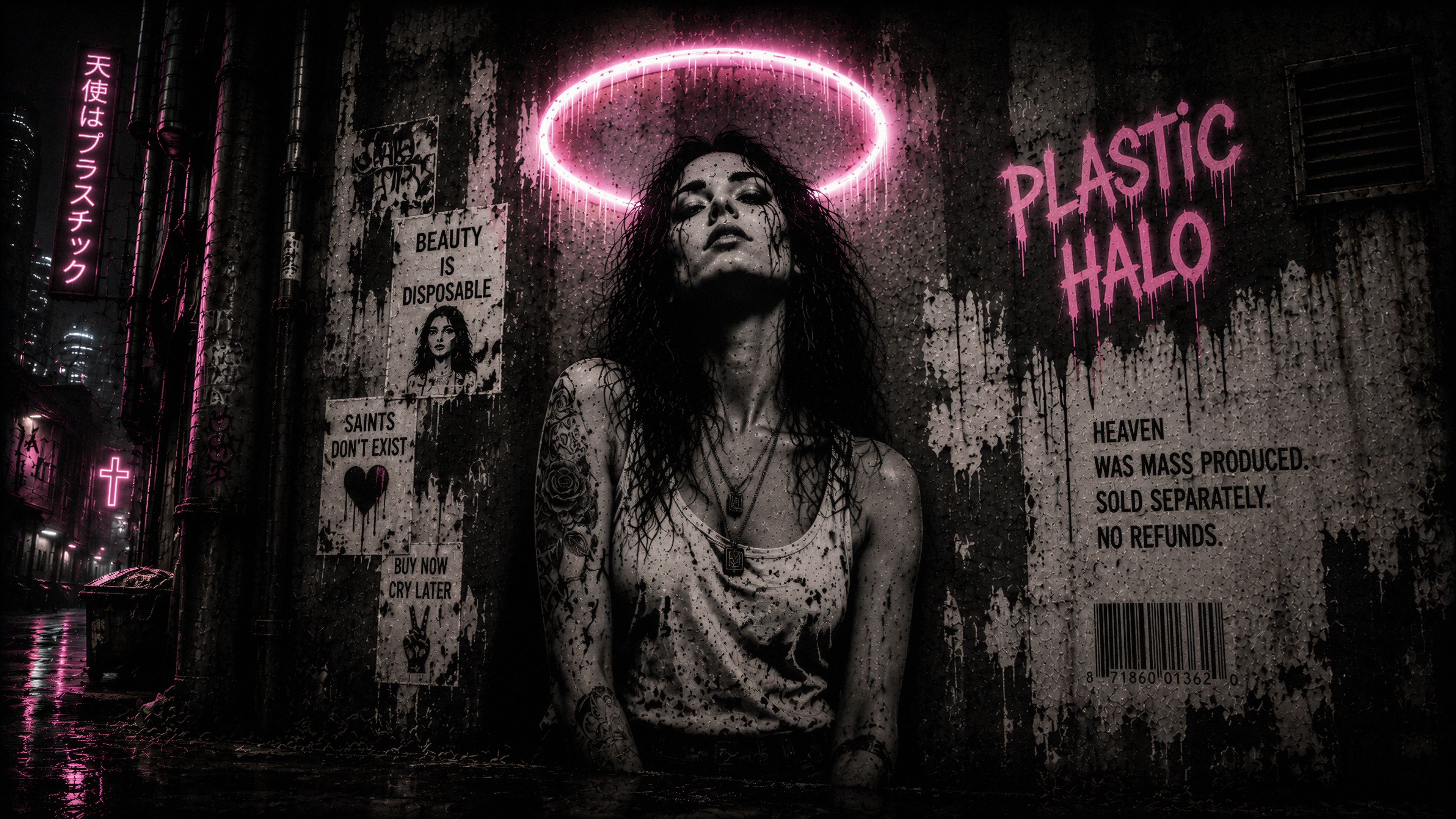 A striking portrait of a woman with a distressed, almost ethereal appearance, set against a backdrop of urban decay and vibrant neon lights.