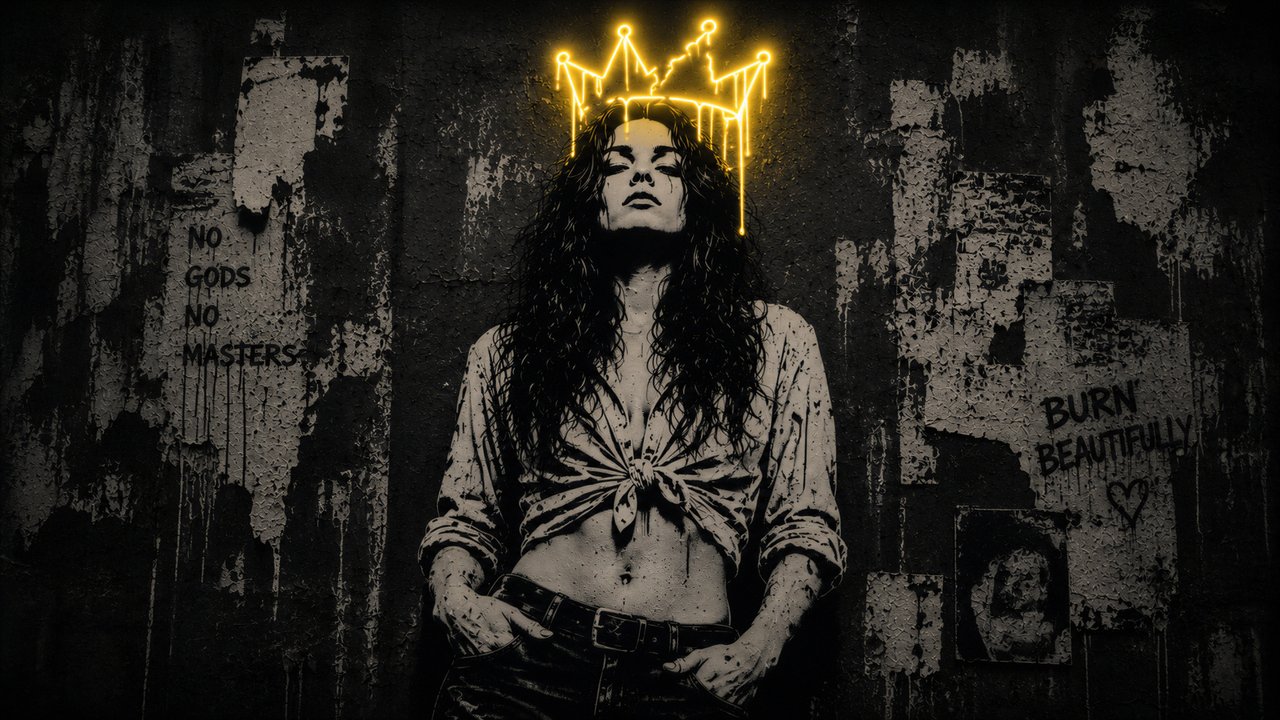 A striking portrait of a person adorned with a neon crown, set against a backdrop of urban decay and defiant graffiti.