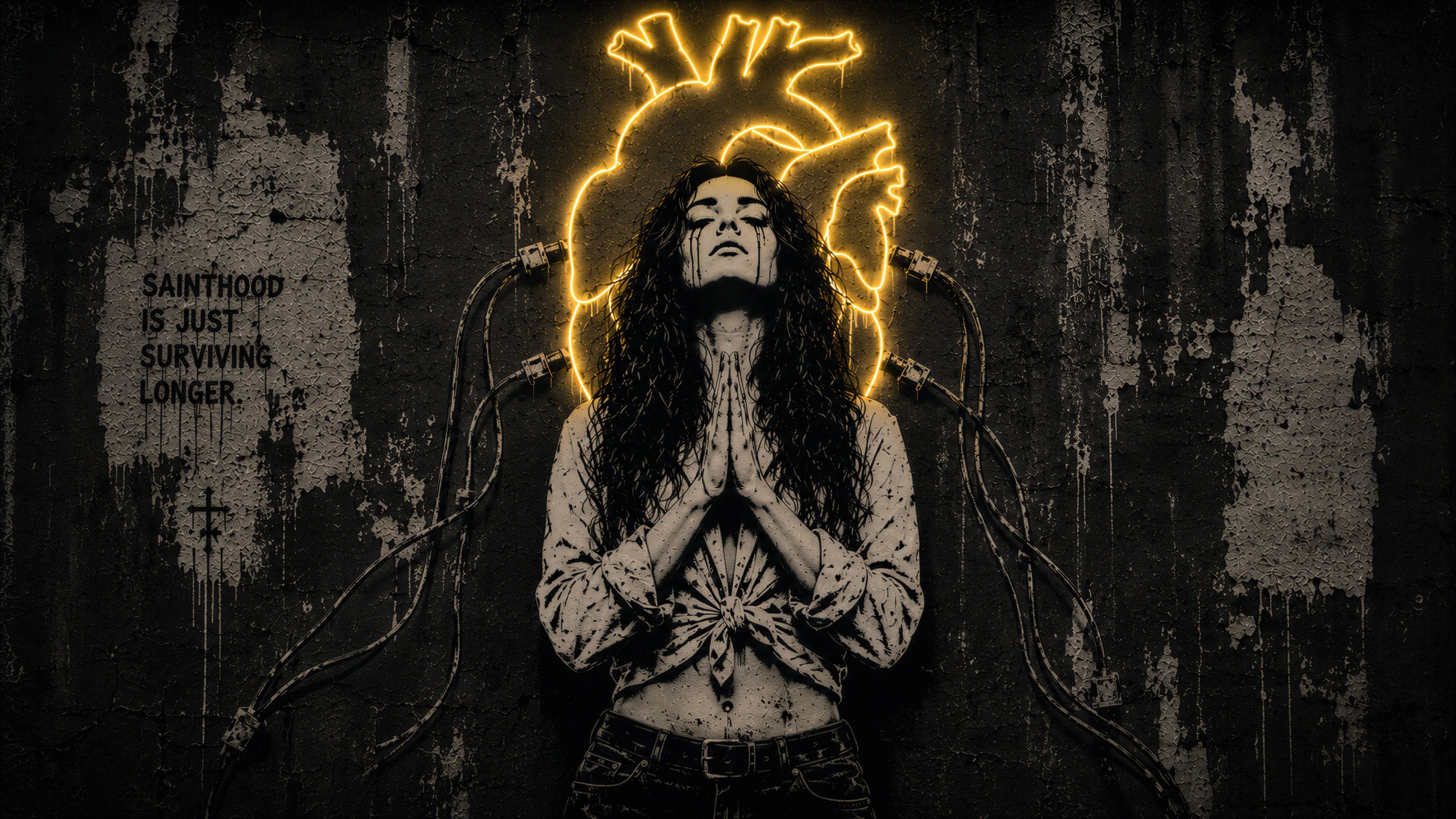 A poignant portrait of a woman in distress, framed by a glowing neon heart and a backdrop of industrial decay.