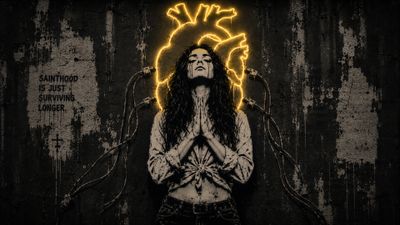 A poignant portrait of a woman in distress, framed by a glowing neon heart and a backdrop of industrial decay.