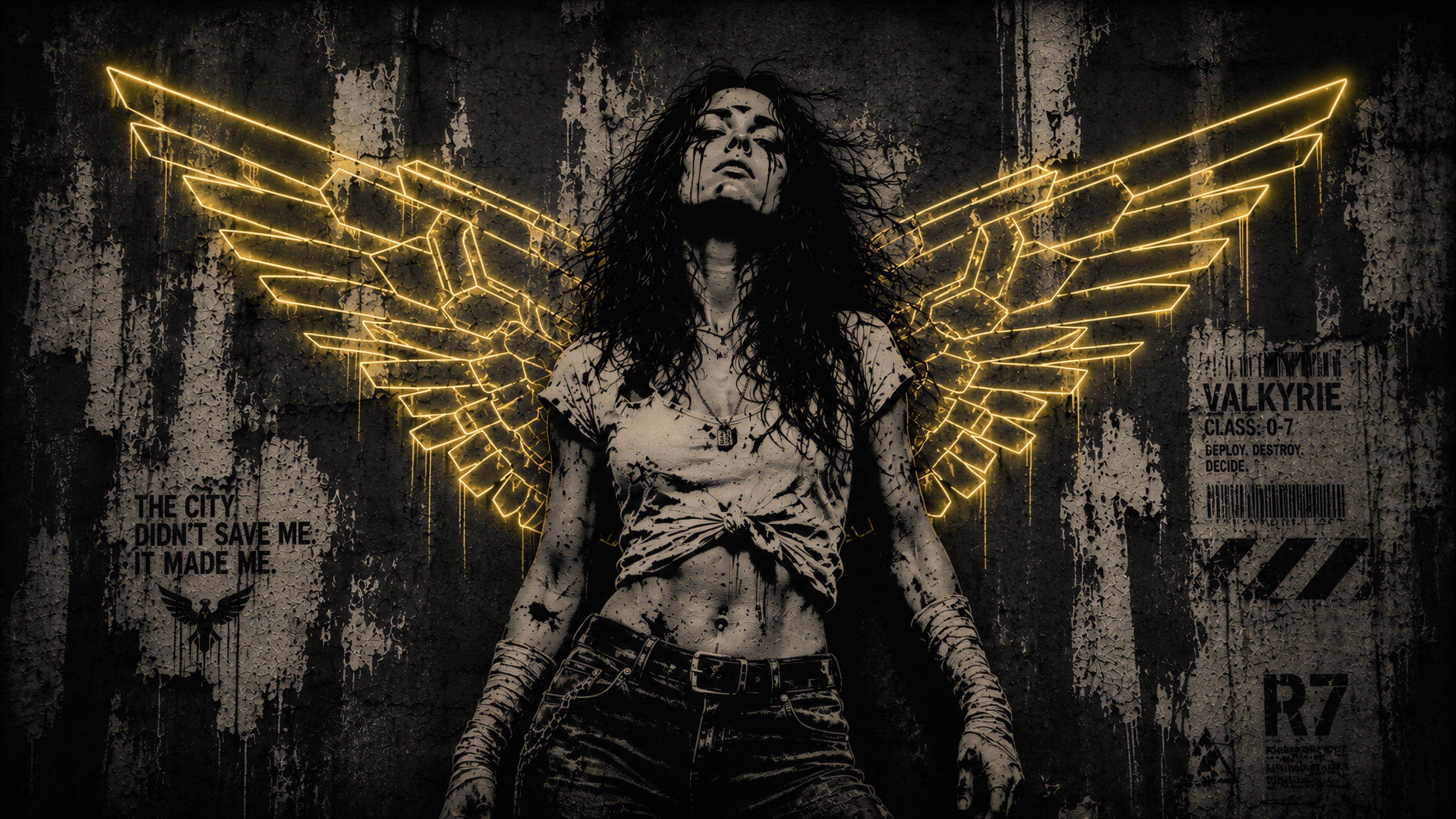 A distressed woman with stylized wings stands amidst a decaying urban landscape, embodying resilience and defiance.