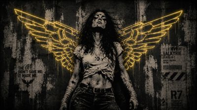 A distressed woman with stylized wings stands amidst a decaying urban landscape, embodying resilience and defiance.