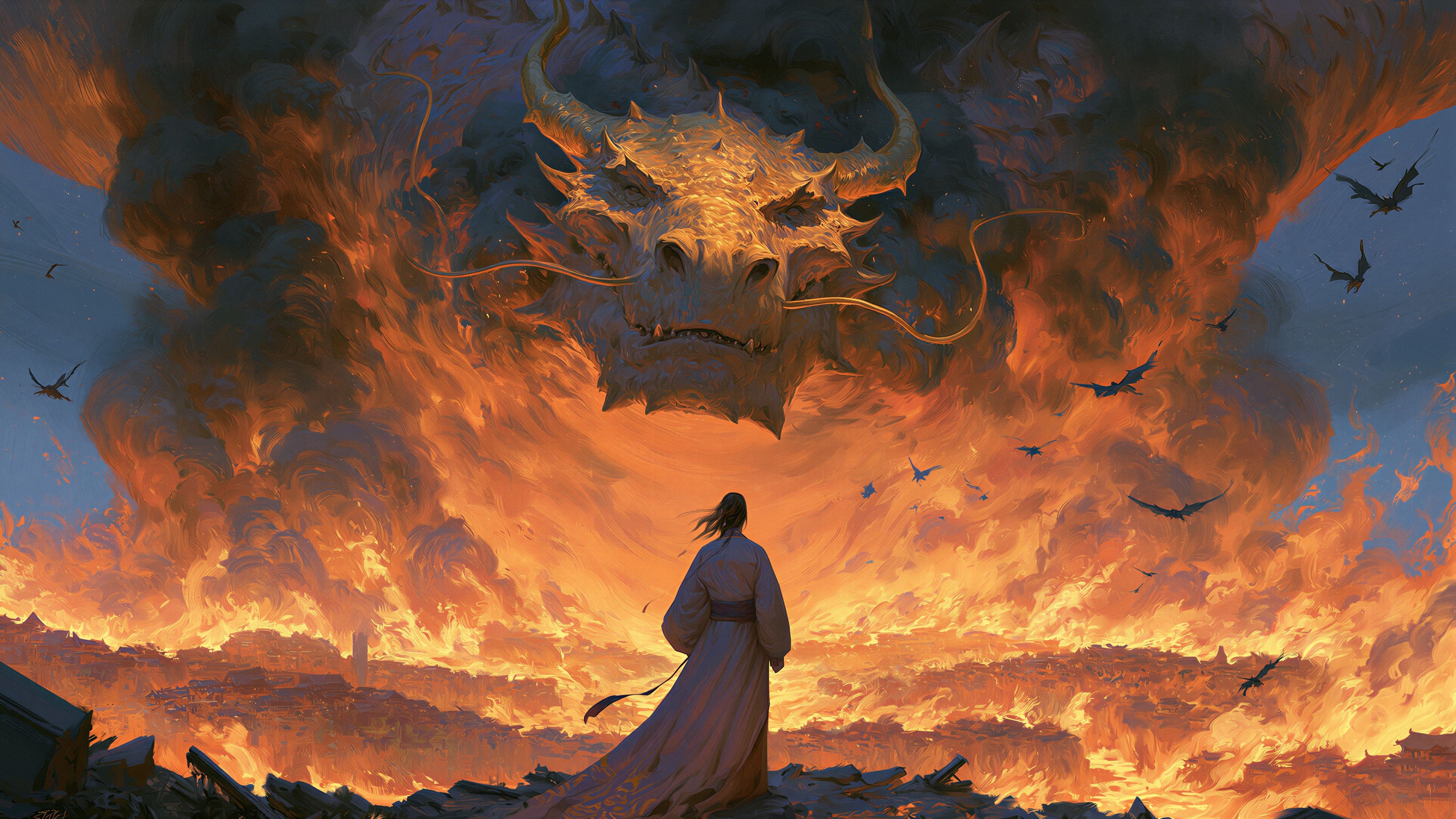 A lone figure stands before a colossal dragon amidst a fiery landscape.