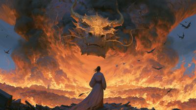 A lone figure stands before a colossal dragon amidst a fiery landscape.