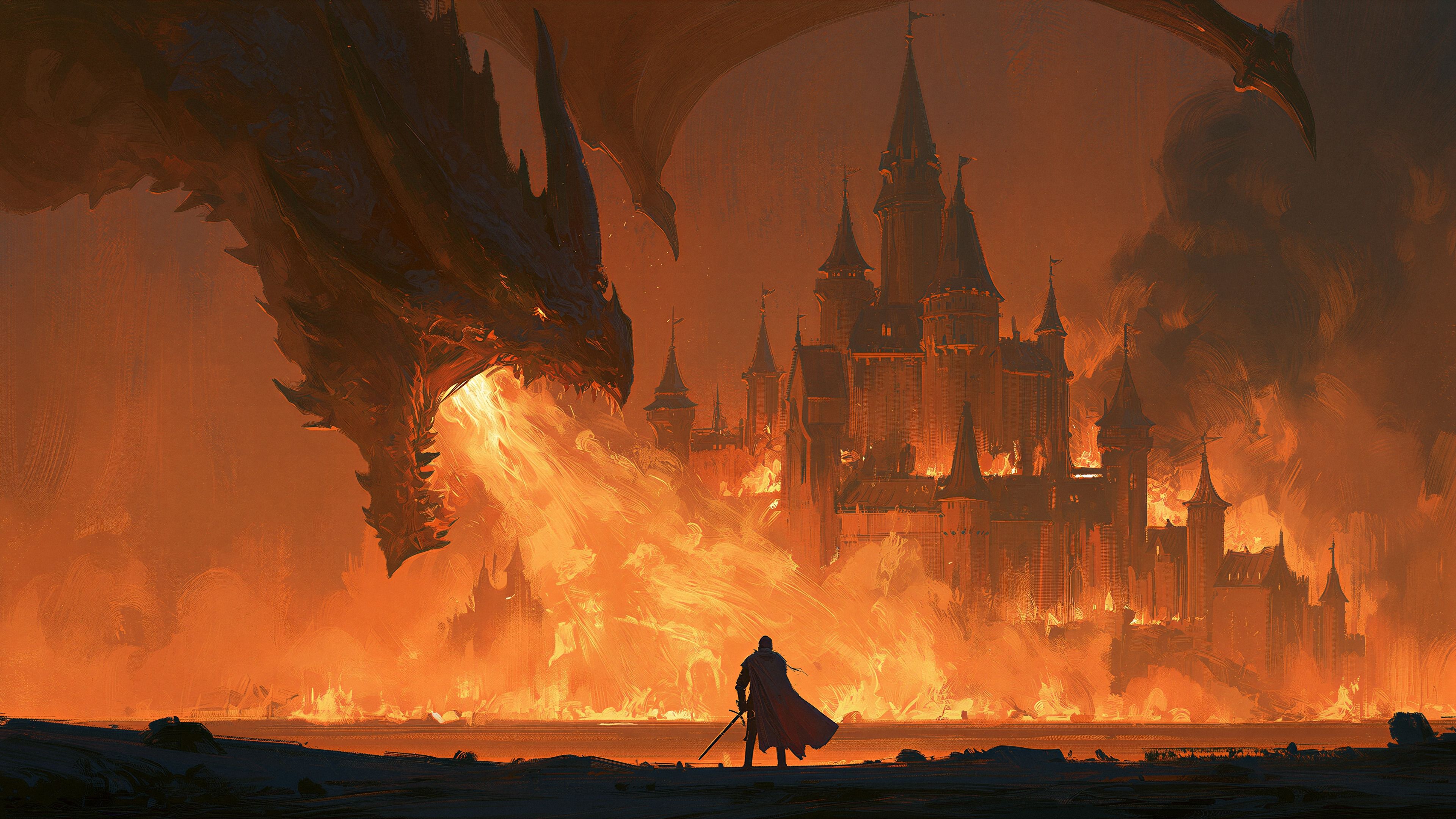 A lone warrior stands defiant before a burning castle, a colossal dragon looming overhead.