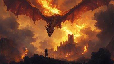 A lone figure stands defiant before a fiery dragon and a burning castle.