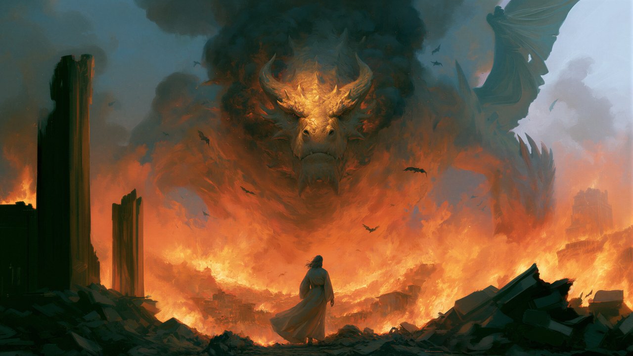 A lone figure stands amidst the ruins of a city, dwarfed by a colossal, fiery dragon looming overhead.