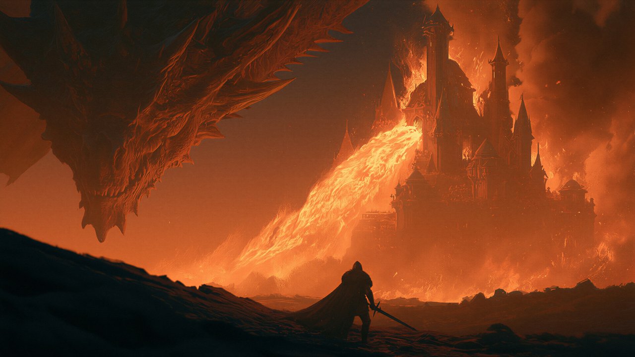 A lone warrior faces a fiery dragon and a burning castle in a dramatic landscape.