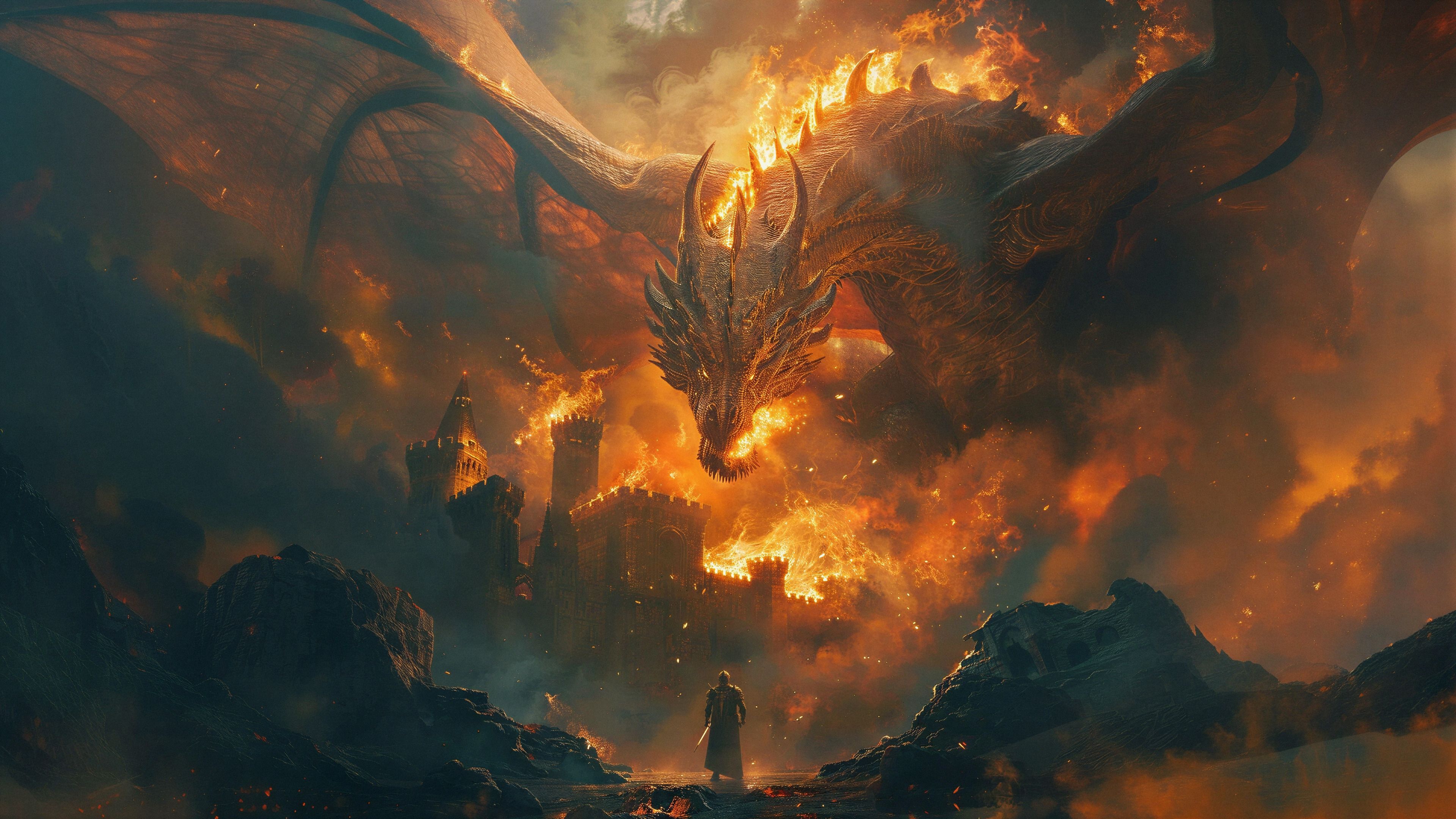 A lone figure stands defiant before a colossal dragon amidst a fiery inferno, symbolizing courage and resilience against overwhelming power.