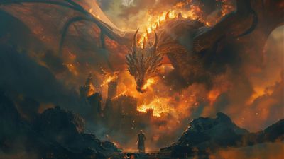 A lone figure stands defiant before a colossal dragon amidst a fiery inferno, symbolizing courage and resilience against overwhelming power.