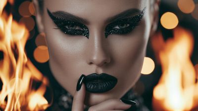 A striking portrait of a woman with dramatic makeup against a fiery background.