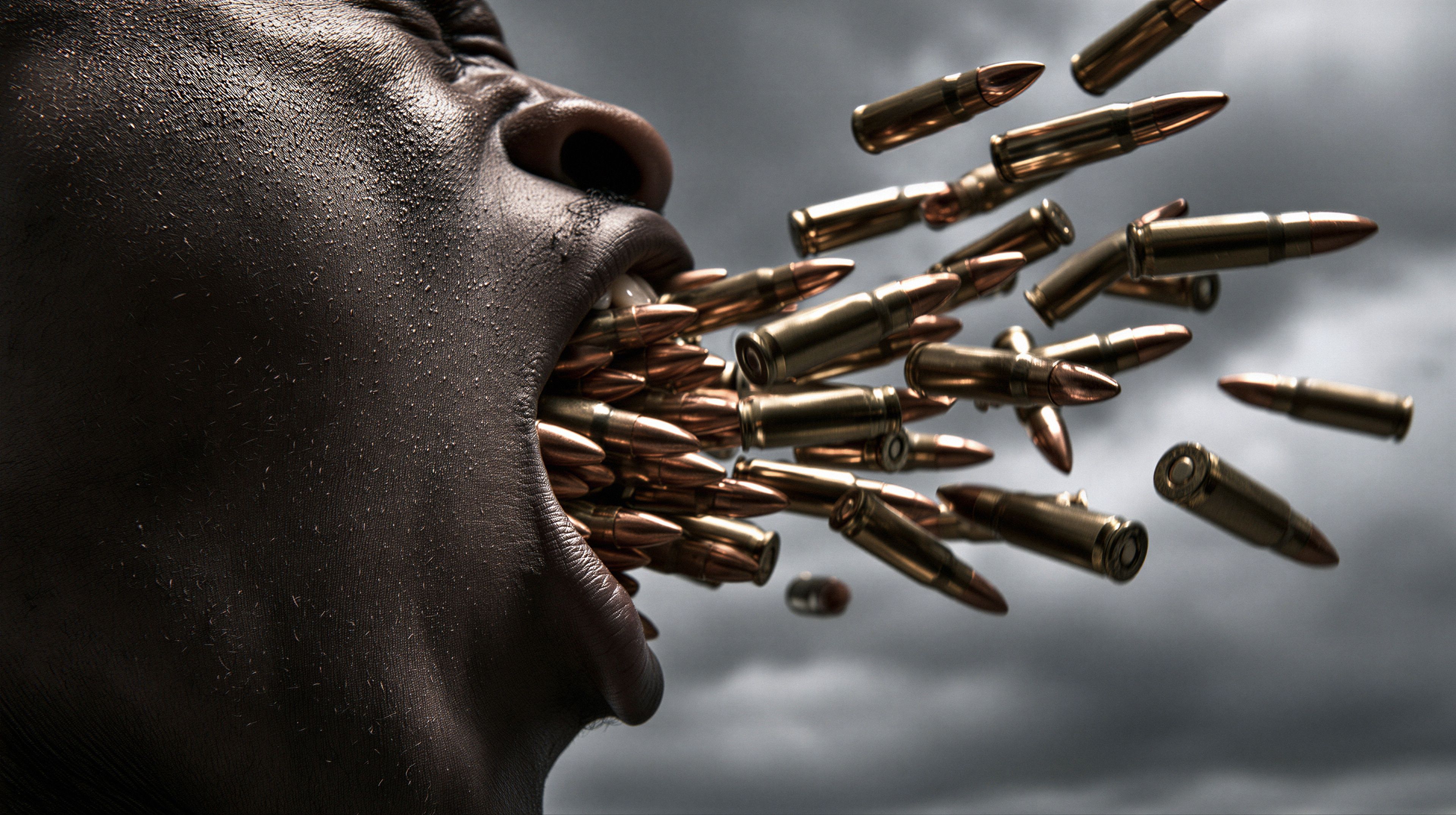 A dramatic portrait of a person with a mouth overflowing with bullets, symbolizing suppressed anger and unspoken words.