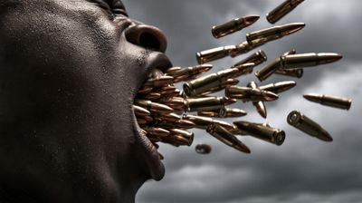 A dramatic portrait of a person with a mouth overflowing with bullets, symbolizing suppressed anger and unspoken words.