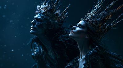 A captivating portrait of a regal woman and a shadowy figure adorned with intricate crowns, set against a dark, ethereal backdrop.
