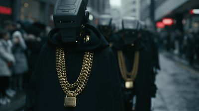 A group of figures clad in futuristic, hooded attire navigate a bustling city street, their presence a striking blend of technology and urban fashion.