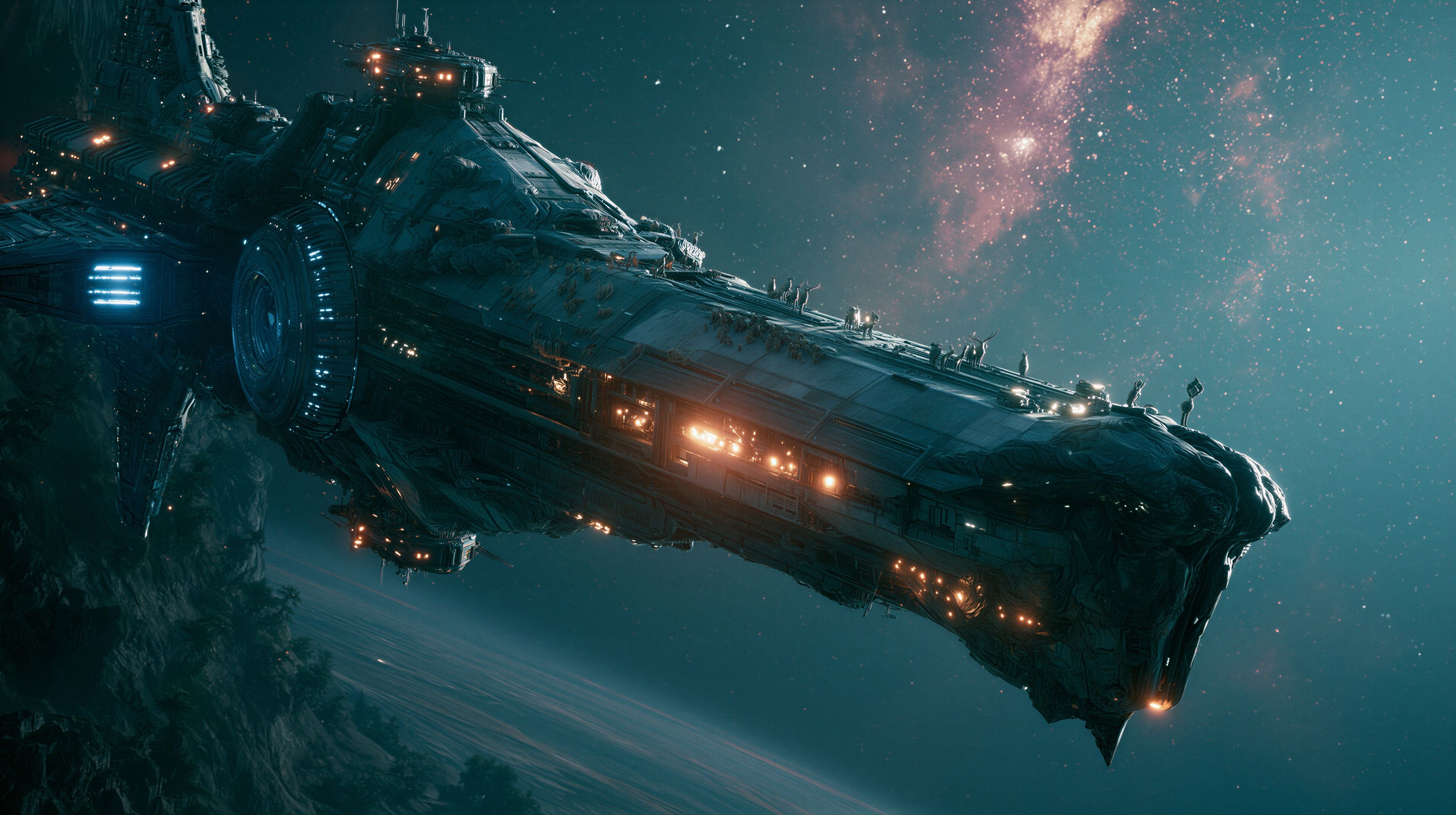 A colossal, ancient spaceship drifts through a nebula, hinting at a forgotten era of interstellar exploration.