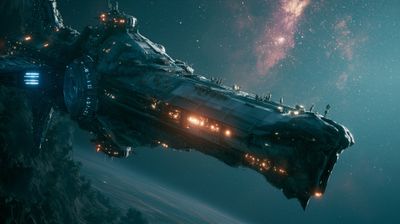 A colossal, ancient spaceship drifts through a nebula, hinting at a forgotten era of interstellar exploration.