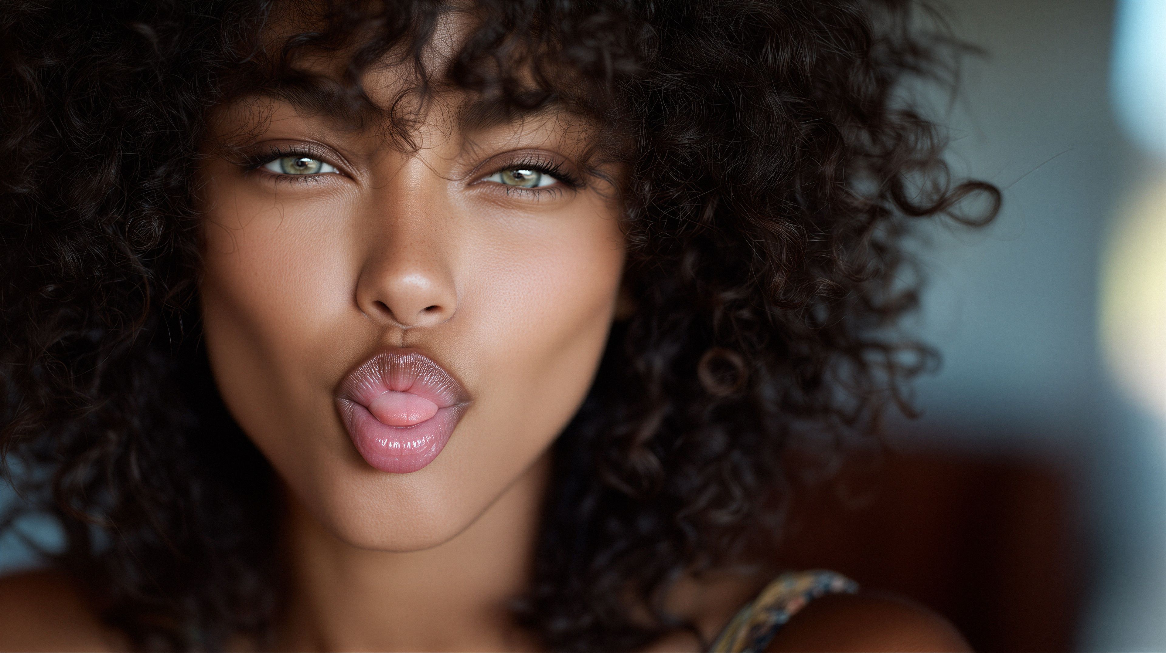 A close-up portrait of a woman playfully sticking out her tongue.