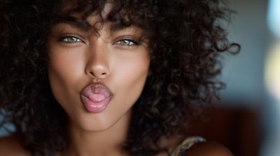 A close-up portrait of a woman playfully sticking out her tongue.