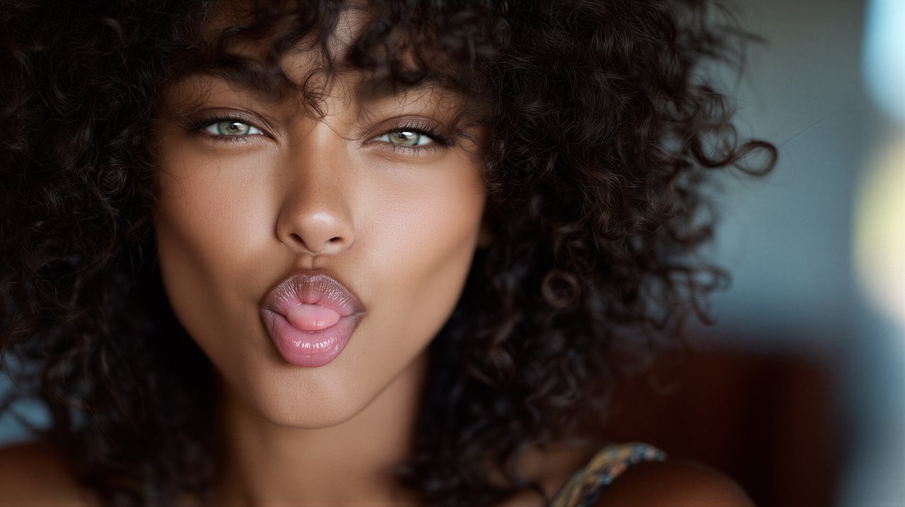 A close-up portrait of a woman playfully sticking out her tongue.