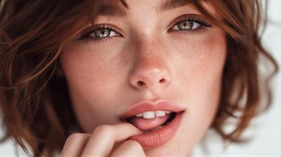 A close-up portrait of a young woman with captivating green eyes and freckled skin.