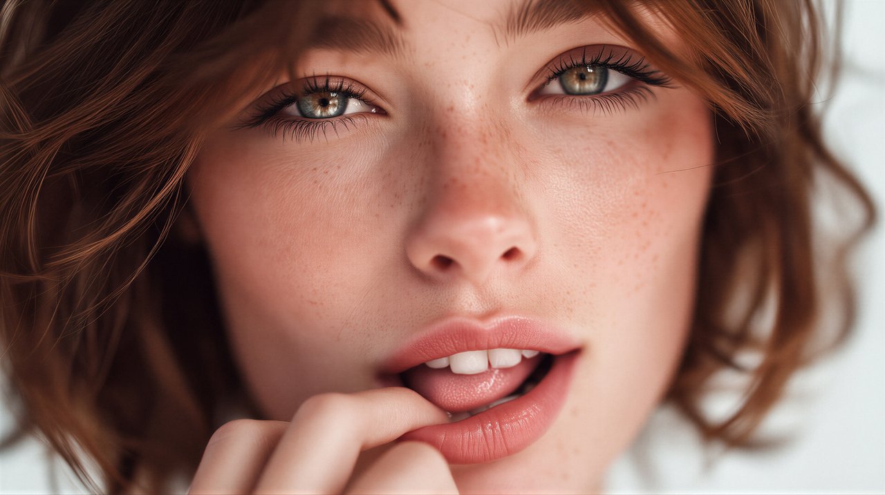 A close-up portrait of a young woman with captivating green eyes and freckled skin.