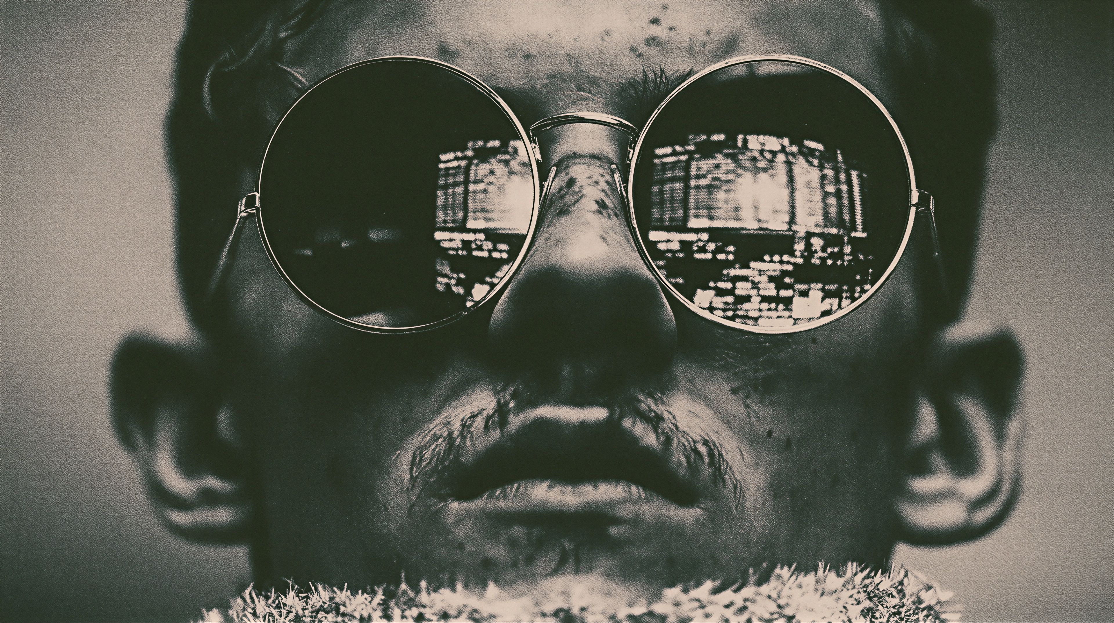A close-up portrait of a man wearing round sunglasses, reflecting a vibrant cityscape in the lenses.