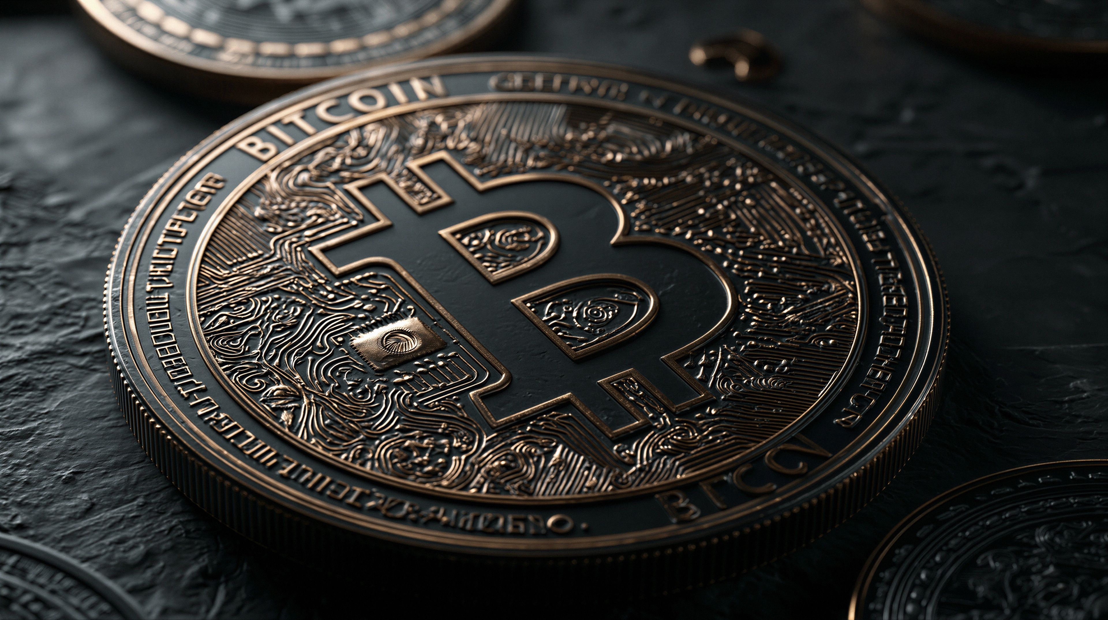 A close-up shot of a Bitcoin coin resting on a textured surface, symbolizing the rise of cryptocurrency.