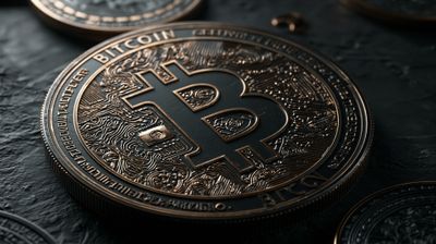 A close-up shot of a Bitcoin coin resting on a textured surface, symbolizing the rise of cryptocurrency.
