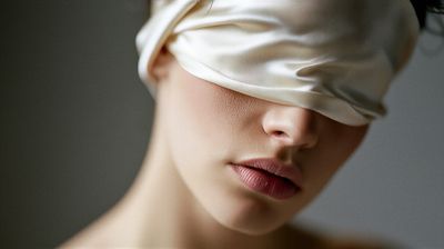 close-up portrait of a woman with her eyes covered by a luxurious silk scarf, evoking a sense of mystery and tranquility.