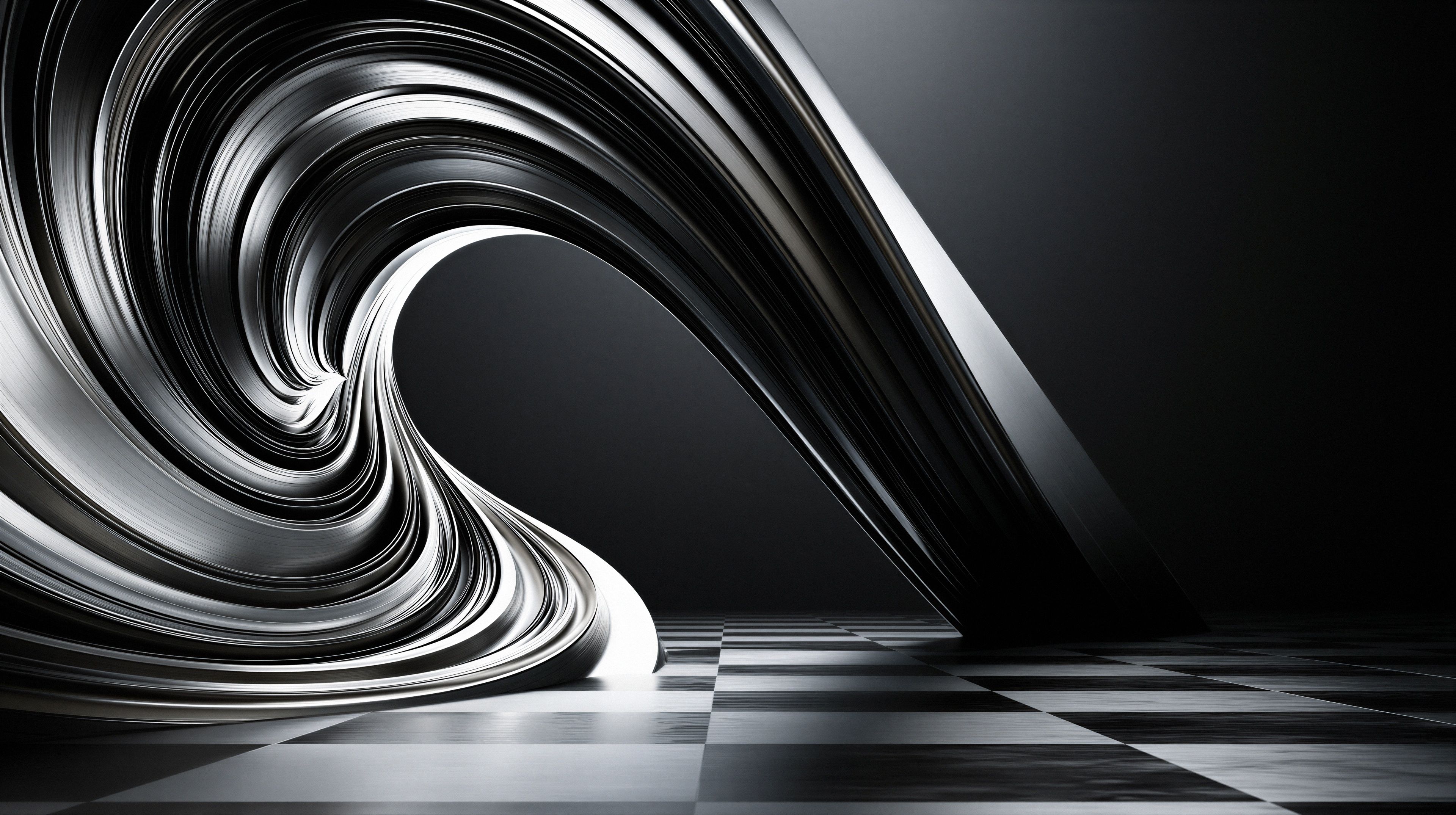 A mesmerizing image of a swirling, metallic structure emerging from a checkerboard floor.