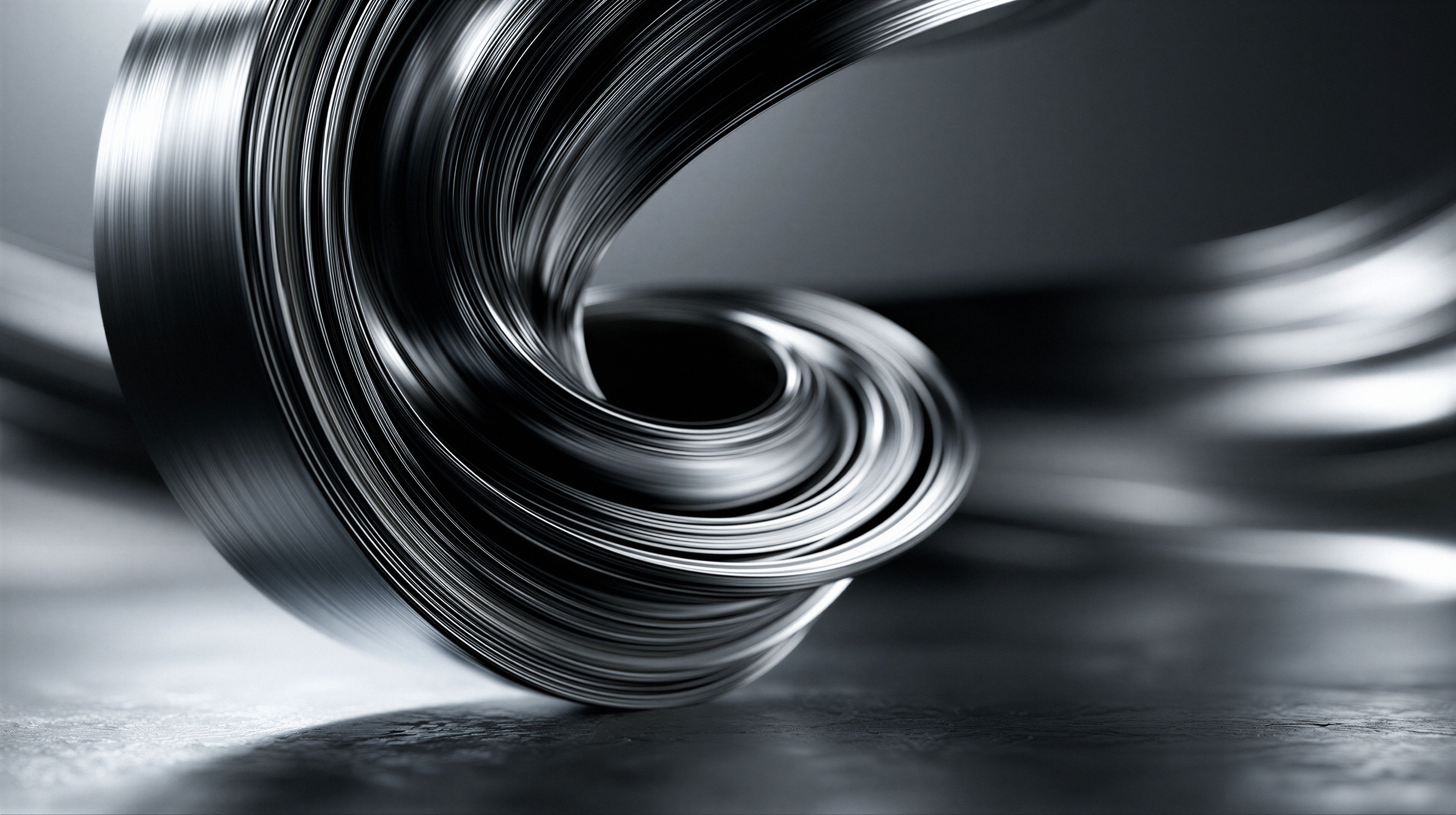 This striking image captures a dynamic, swirling form crafted from a polished, silver-like material. The shape resembles a vortex or a ribbon twisting upon itself, creating a sense of motion and fluidity.