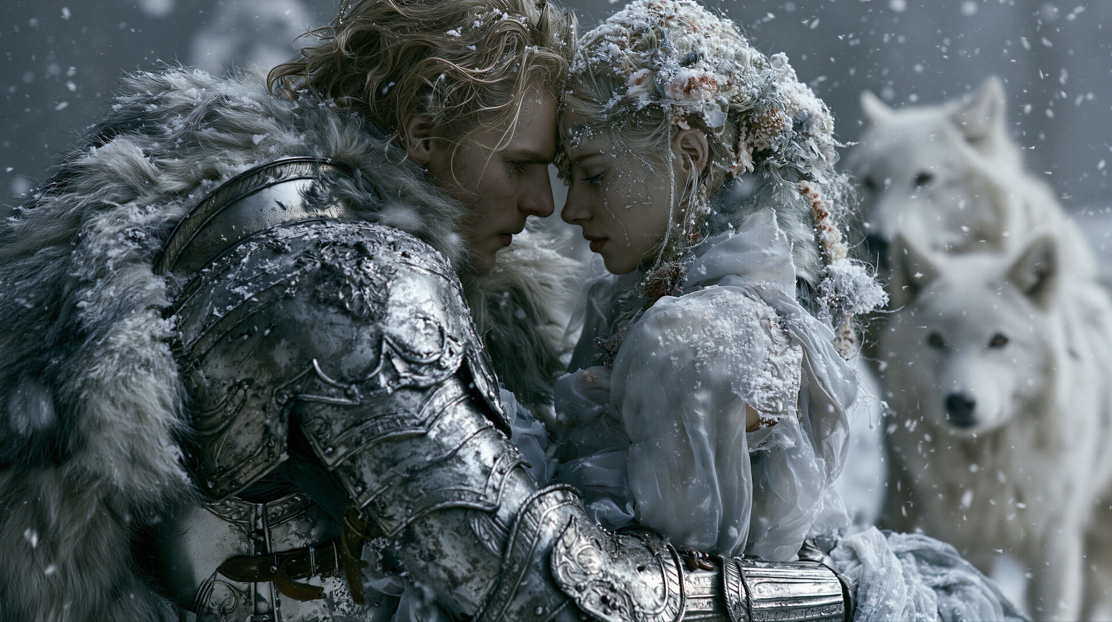 A poignant moment between a warrior and a queen in a snow-laden landscape, guarded by loyal wolves.